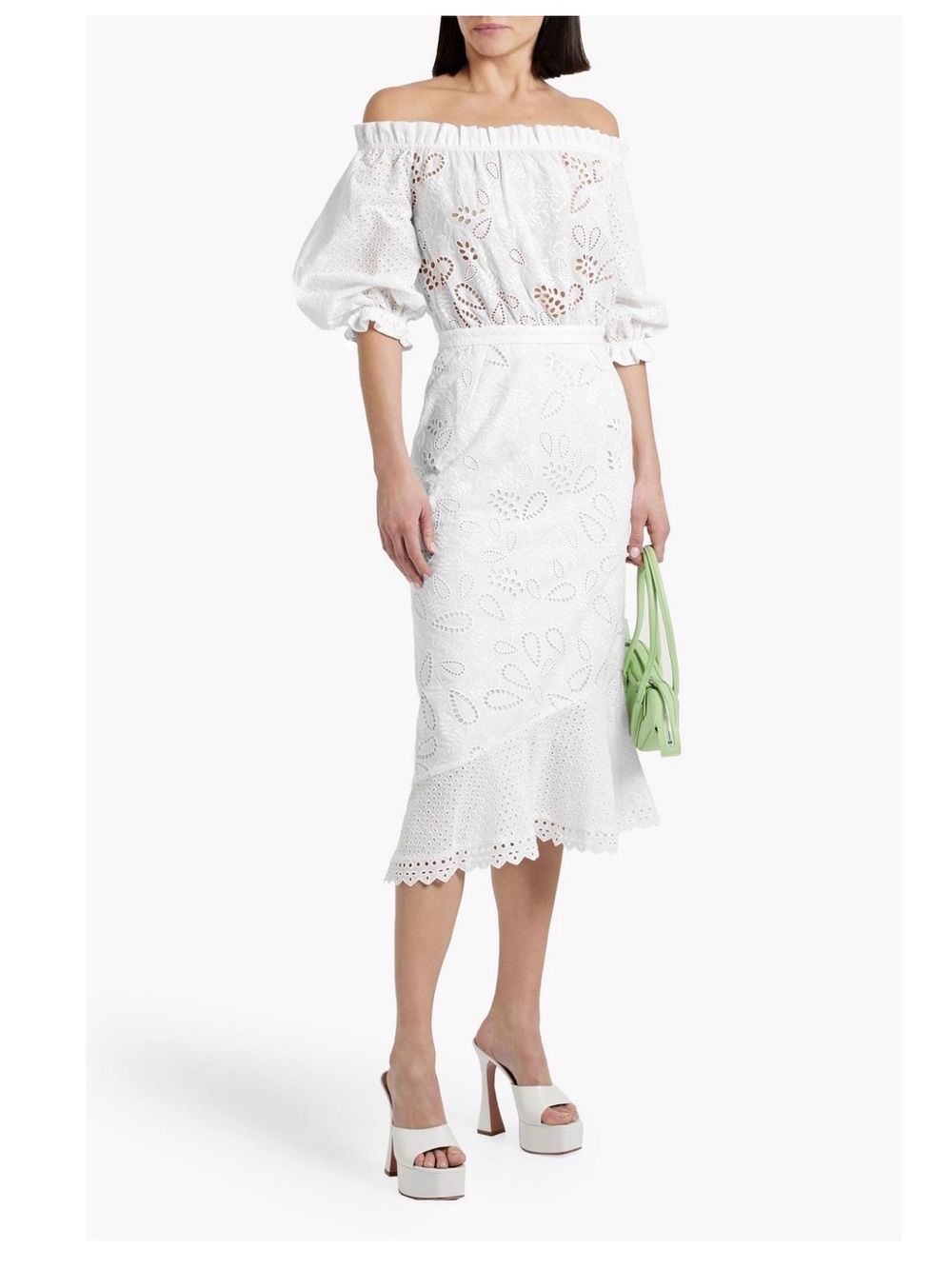 SALONI Grace White Broderie Off-Shoulder Midi Dress